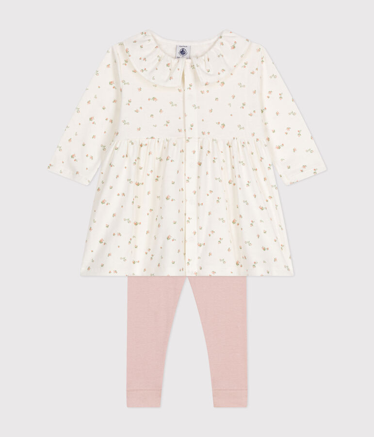 Babies' cotton long-sleeved dress and leggings set white/multicolor