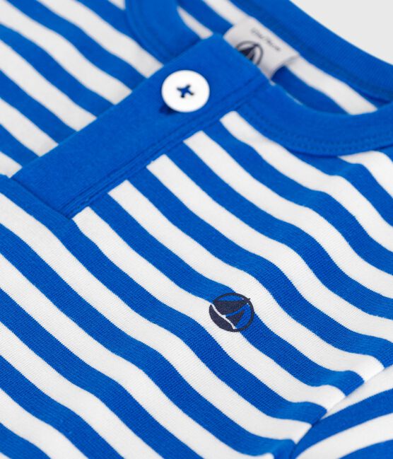 Babies' short-sleeved stripy cotton T-shirt PORCELANA blue/MARSHMALLOW