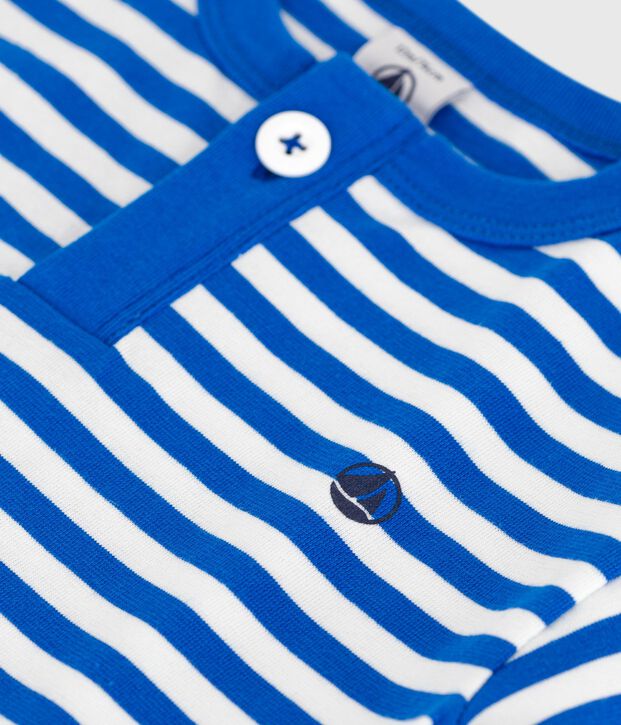 Babies' short-sleeved stripy cotton T-shirt blue/white