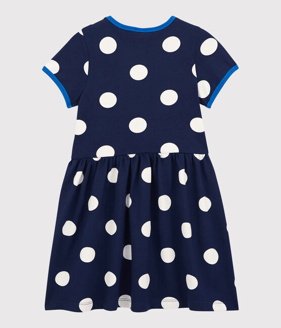 Girls' Short-Sleeved Cotton Dress MEDIEVAL blue/MARSHMALLOW white