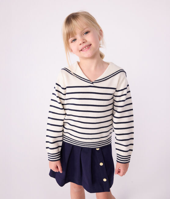 Children's stripy cotton sailor jumper MARSHMALLOW blue/SOIR