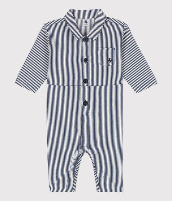 Babies' Striped Cotton Jumpsuit MEDIEVAL blue/MARSHMALLOW white