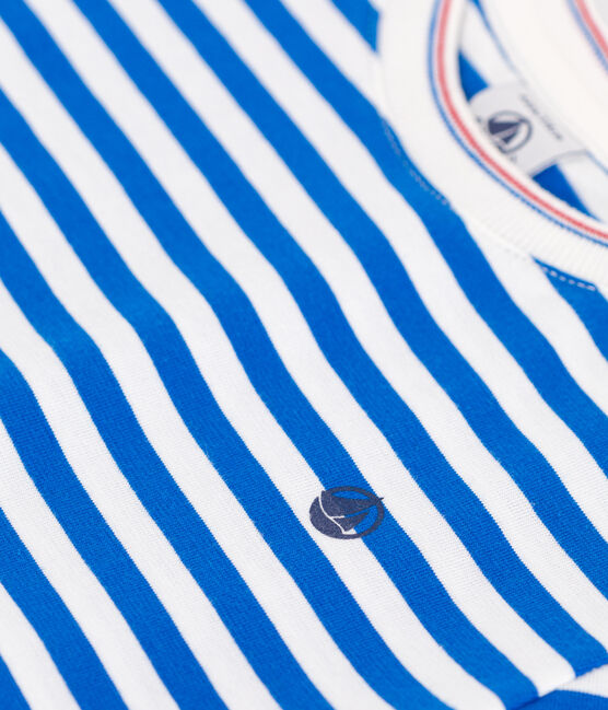Children's short-sleeved stripy cotton T-shirt PORCELANA blue/MARSHMALLOW