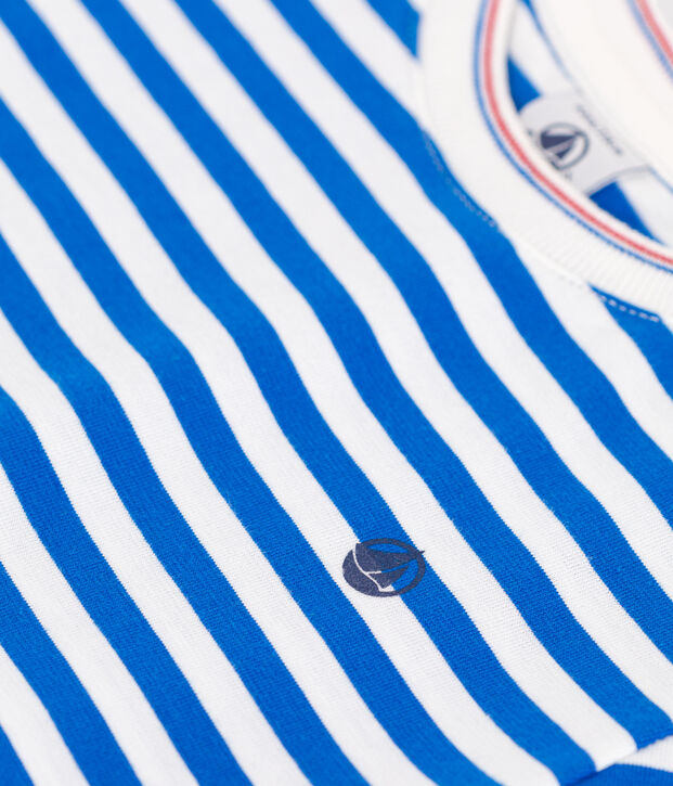 Children's short-sleeved stripy cotton T-shirt blue/white
