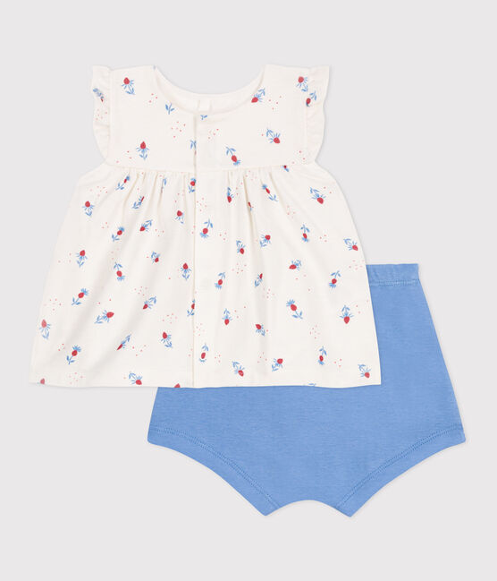 Newborn babies' two-piece cotton set with a ruffled blouse MARSHMALLOW white/MULTICO white