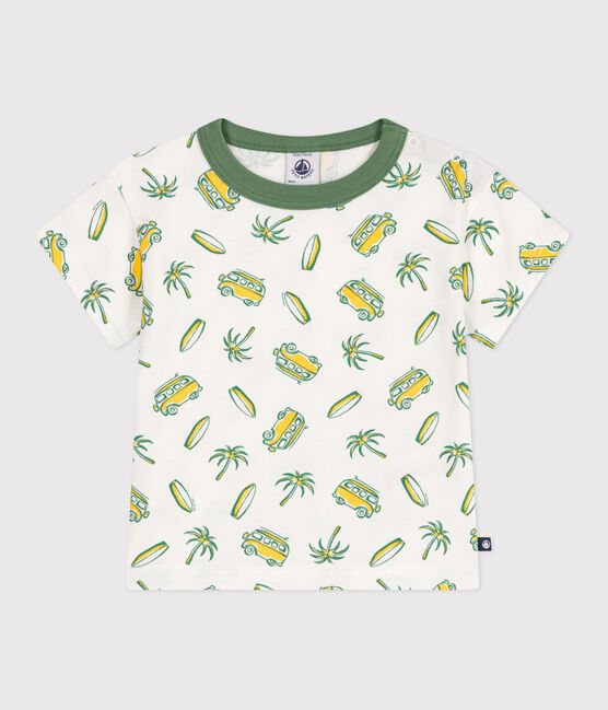 Babies' short-sleeved boat print cotton T-shirt MARSHMALLOW white/ORGE