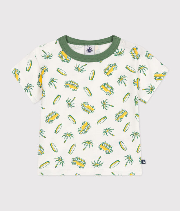 Babies' short-sleeved boat print cotton T-shirt white/yellow