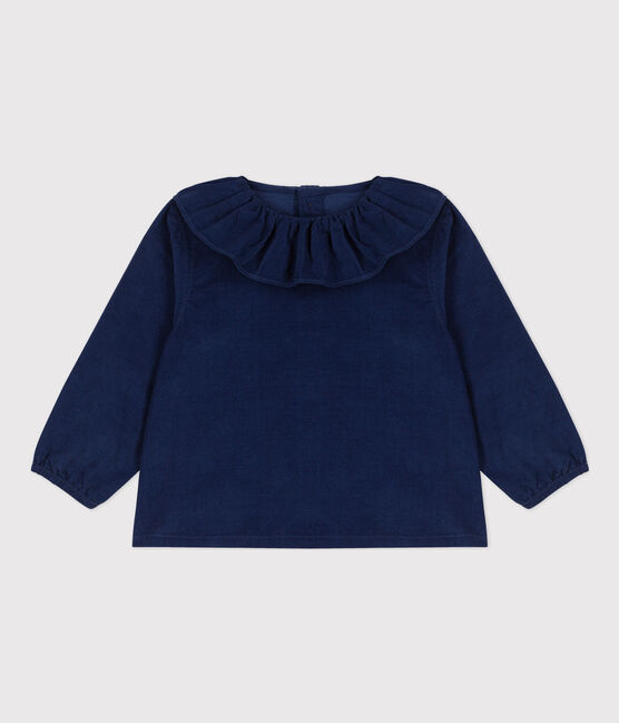 Babies' Super Fine Velour Long-Sleeved Blouse BLEU FONCE