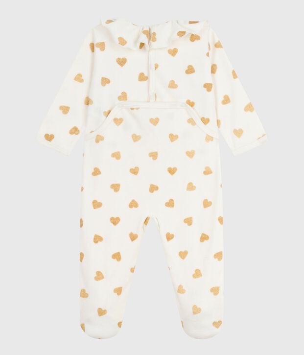 Baby pajamas in velvet with opening at the back and printed with sequined hearts Ecru/yellow