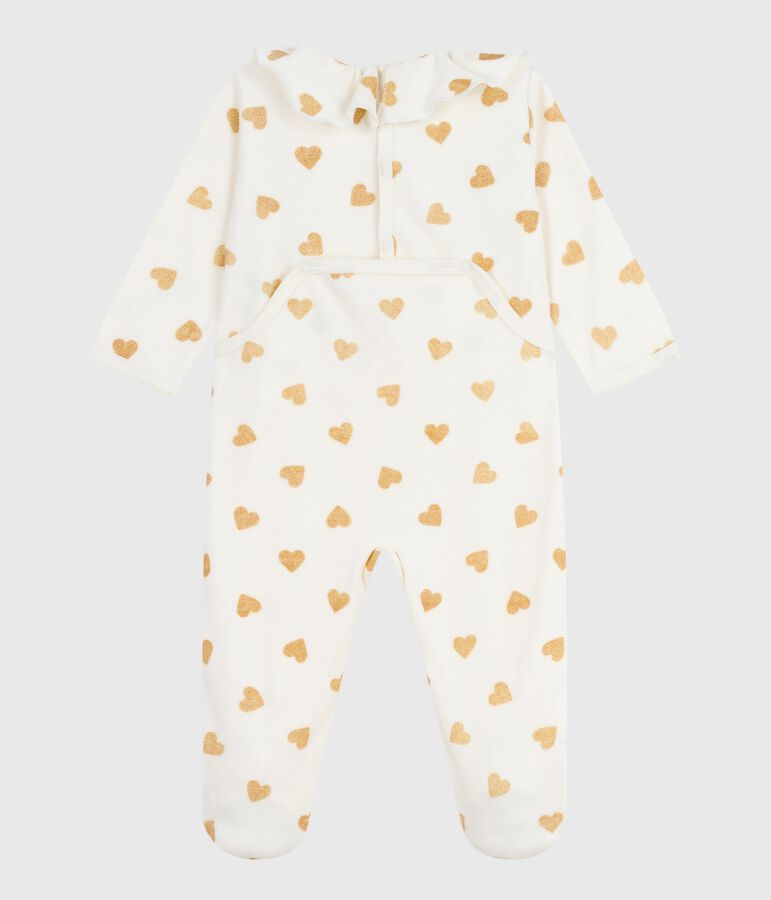 Baby pajamas in velvet with opening at the back and printed with sequined hearts MILK /DORE