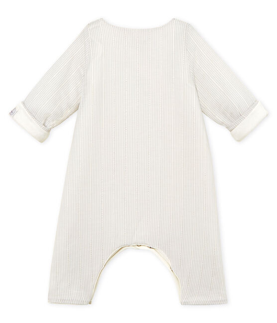 Baby boys' striped long jumpsuit MARSHMALLOW white/PERLIN beige