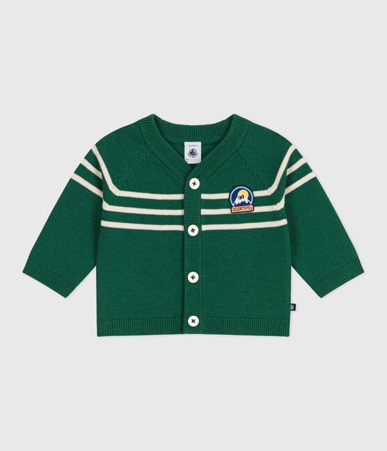 Babies' stripy wool and cotton knit cardigan WILLOW green/AVALANCHE