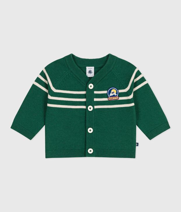 Babies' stripy wool and cotton knit cardigan green/ecru