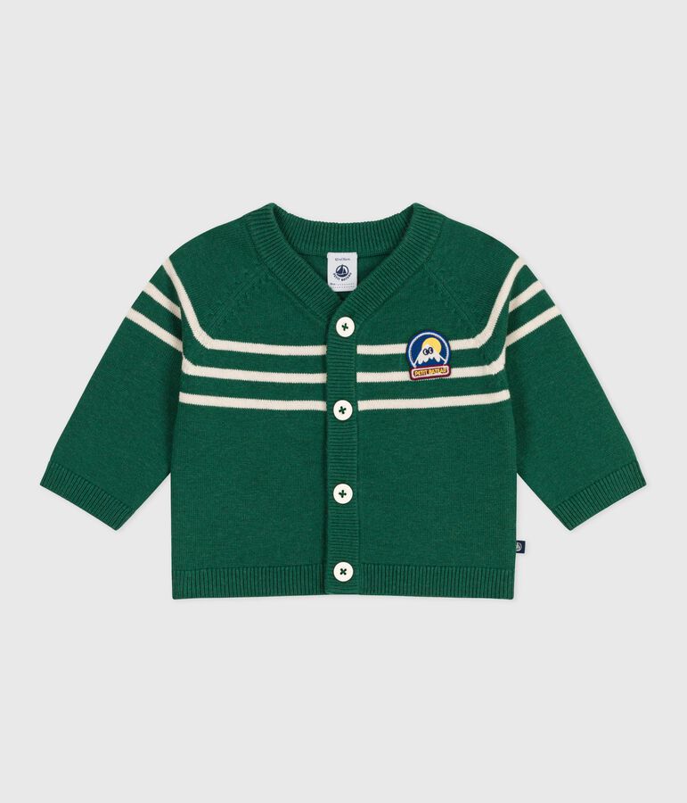 Babies' stripy wool and cotton knit cardigan green/ecru
