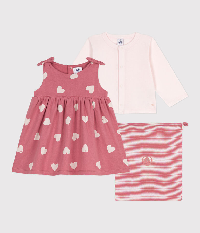 Babies' two-piece cotton outfit: a plain cardigan and a printed dress pink/multicolor
