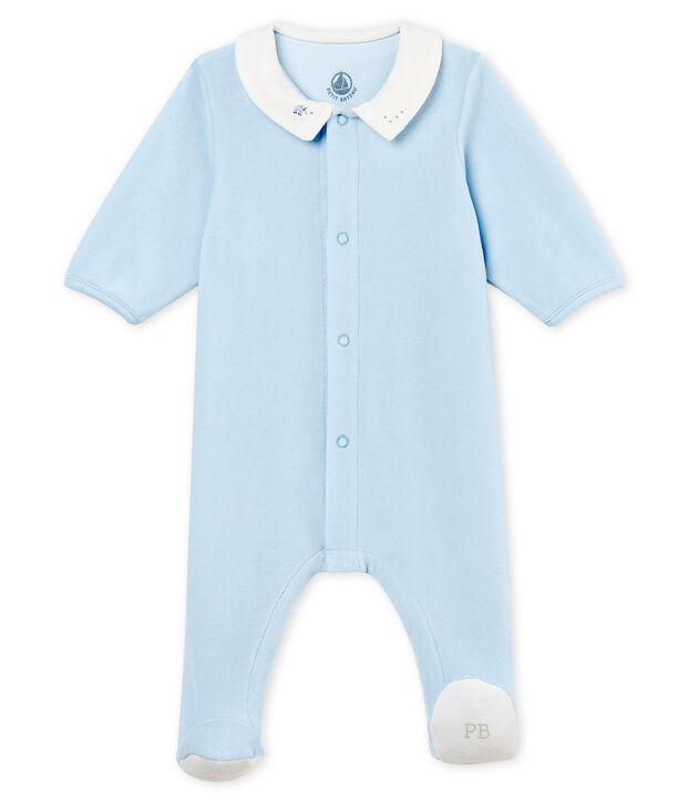 Baby boys' sleepsuit in plain cotton velour blue