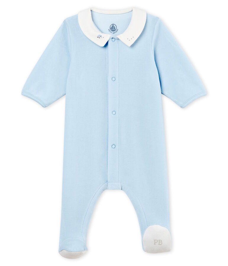 Baby boys' sleepsuit in plain cotton velour FRAICHEUR blue