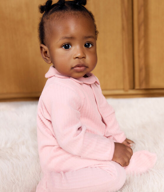 Babies' plain velour pyjama suit with a collar CHARME pink