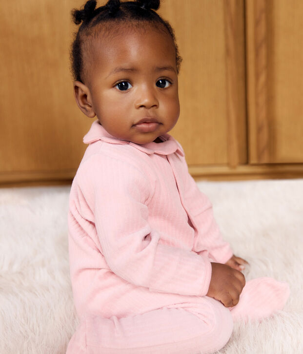 Babies' plain velour pyjama suit with a collar pink