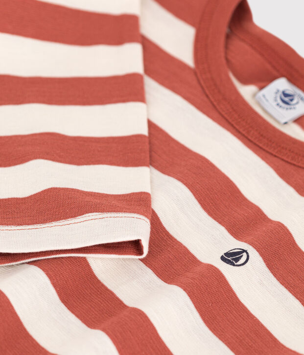 Boys' long-sleeved cotton T-shirt brown/ecru