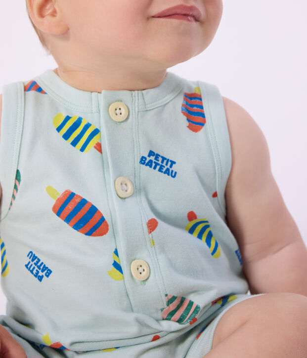 Babies' short cotton playsuit with an ice cream print blue/multicolor