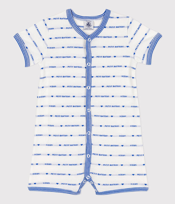 Babies' Cotton Patterned Knit Playsuit MARSHMALLOW white/PERSE blue