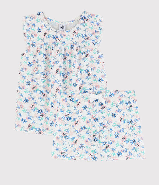 Girls' Anemone Print Fine Cotton Short Pyjamas MARSHMALLOW white/MULTICO white