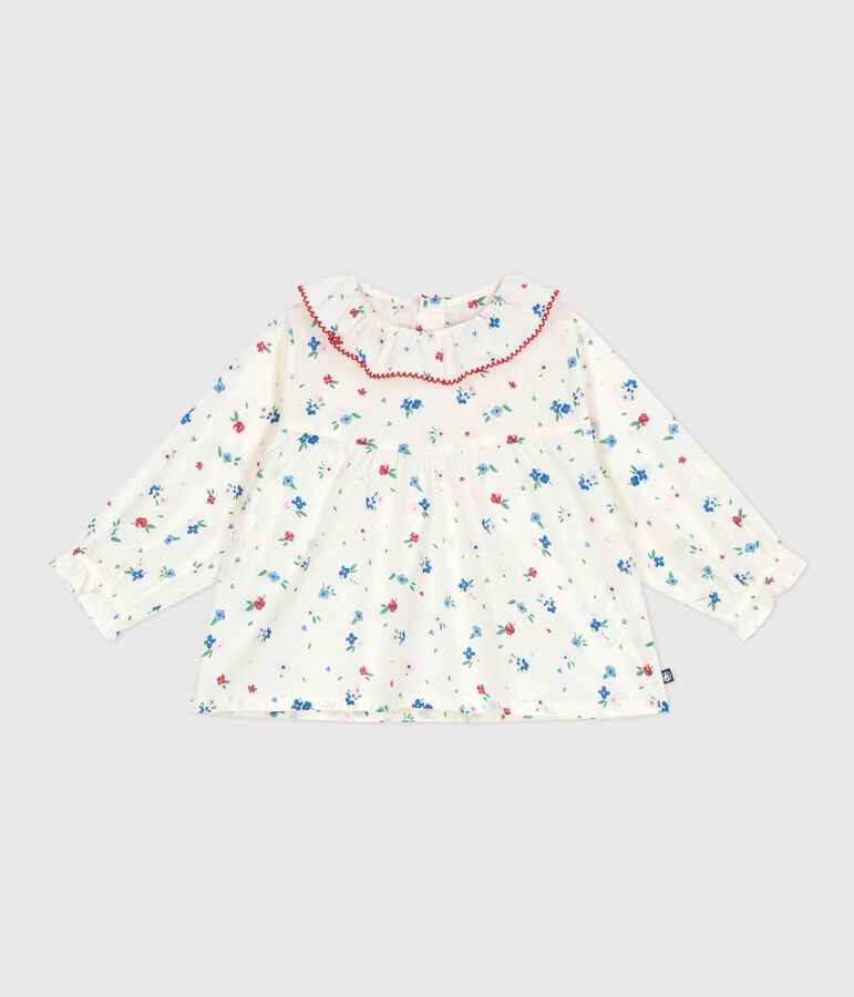 Babies' long-sleeved floral-print cotton blouse MARSHMALLOW white/MULTICO white