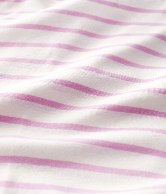 Women's Stripy Linen and Cotton Blend T-Shirt MARSHMALLOW white/BOHEME pink