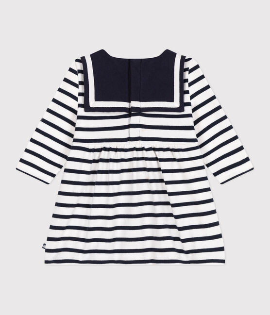 Babies' Breton stripe dress in thick cotton with long sleeves MARSHMALLOW white/SMOKING blue