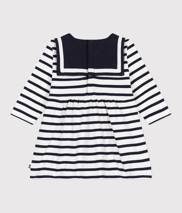 Babies' Breton stripe dress in thick cotton with long sleeves white/blue