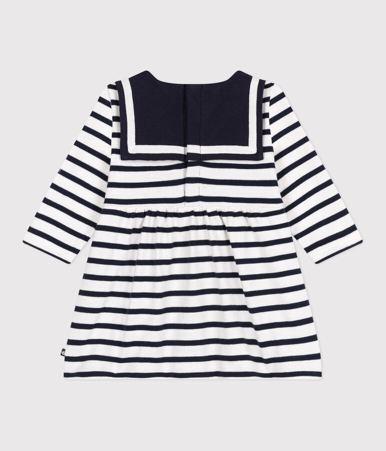 Babies' Breton stripe dress in thick cotton with long sleeves white/blue