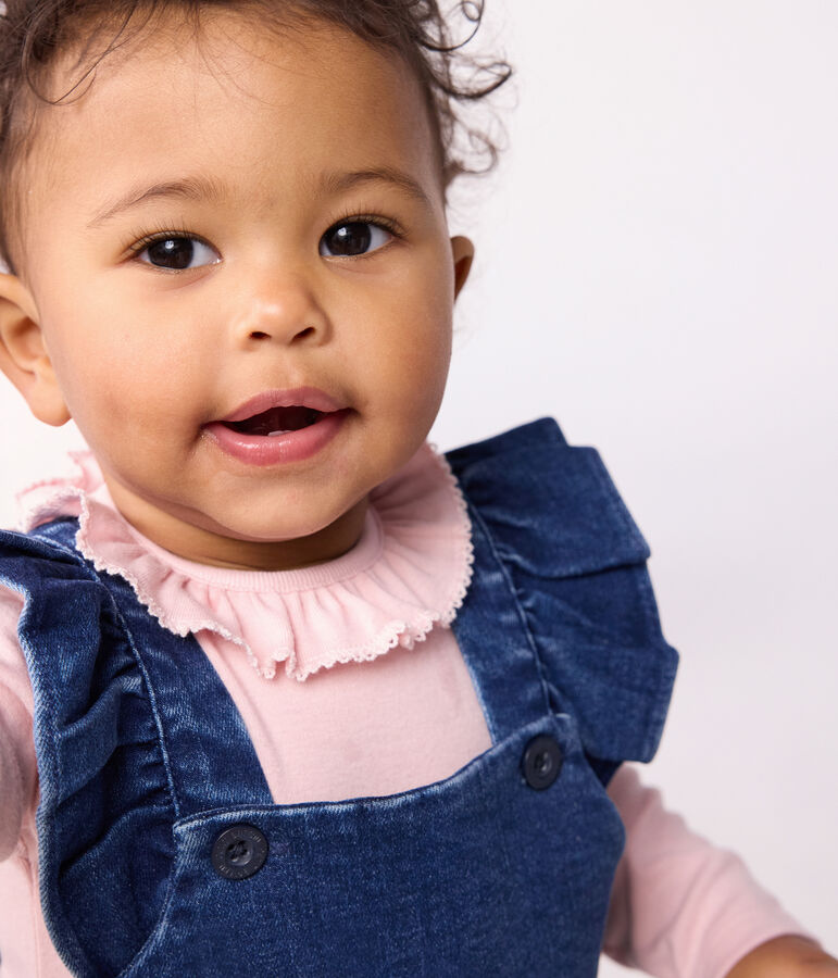 Babies' dungarees with ruffles and long legs, made in denim with elastane blue