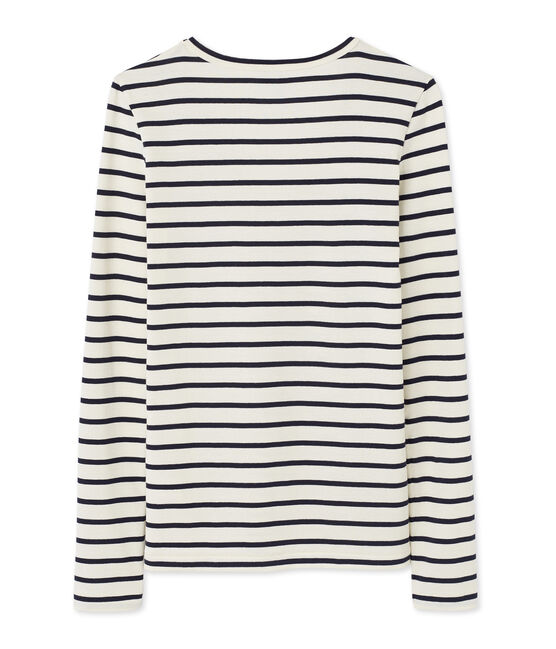 Women's long-sleeved V-neck tee COQUILLE beige/SMOKING blue
