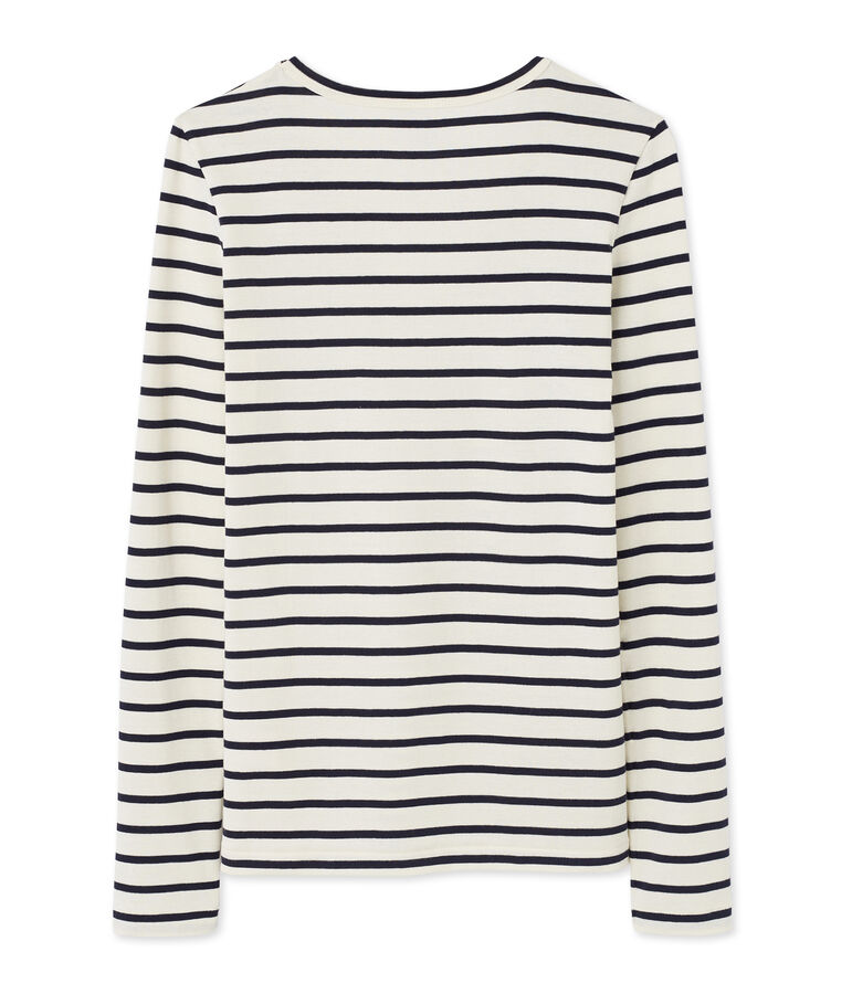 Women's long-sleeved V-neck tee COQUILLE beige/SMOKING blue