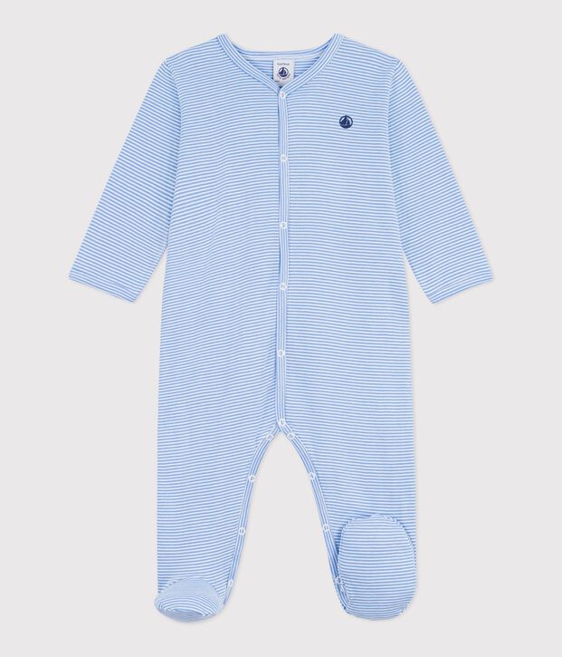 Babies' stripy printed cotton pyjama suit blue/white