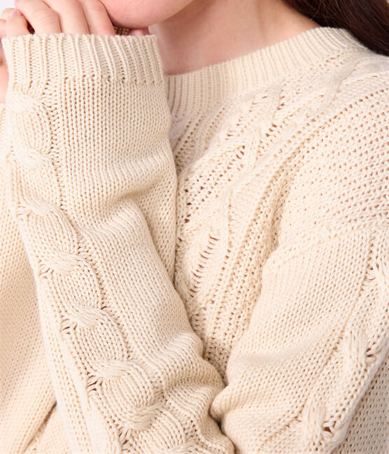 Women's plain cable-knit wool and cotton jumper AVALANCHE Ecru