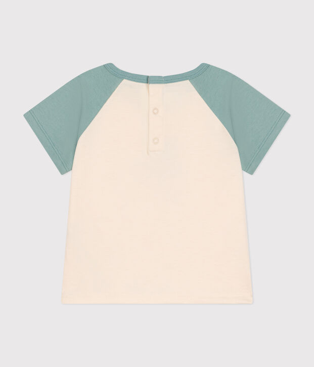 Babies' short-sleeved fine jersey T-shirt Ecru/green