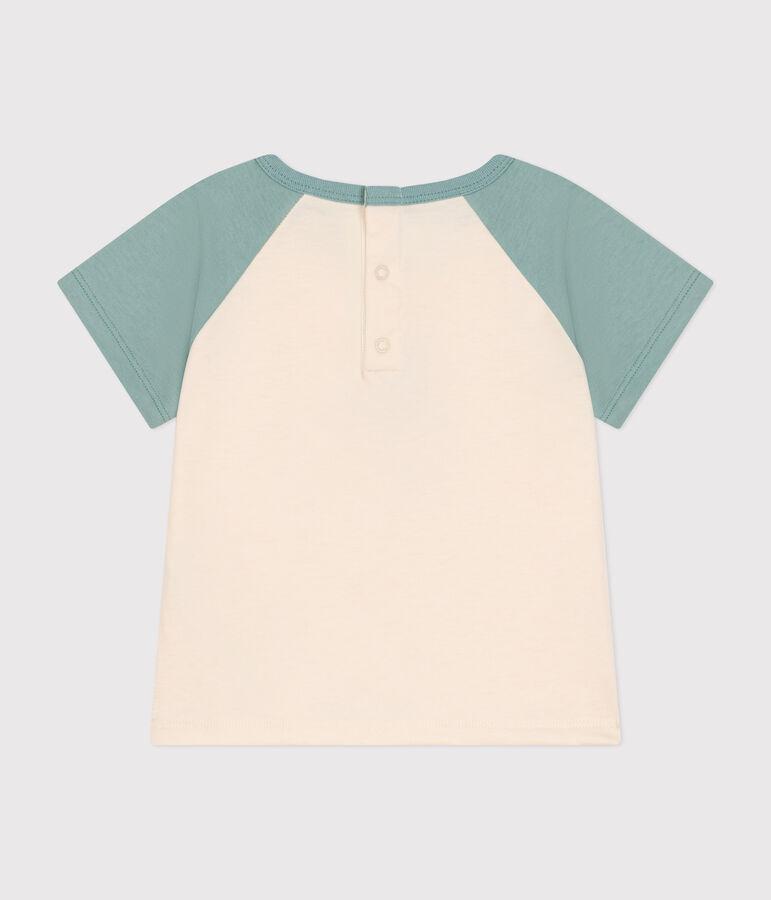 Babies' short-sleeved fine jersey T-shirt Ecru/green