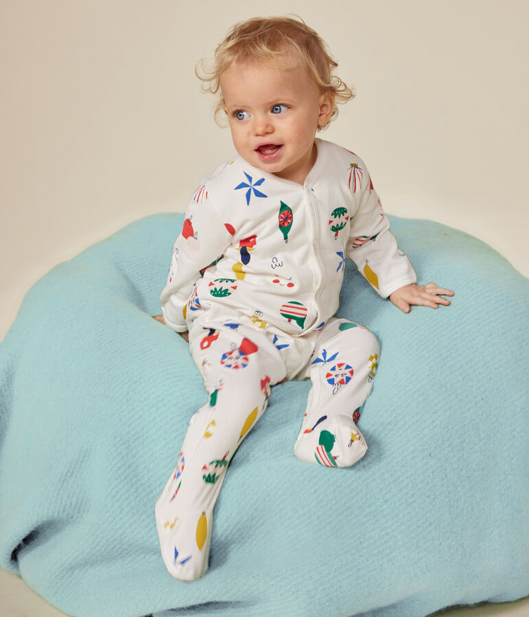 Babies' brushed fleece Christmas bauble print pyjamas white/multicolor