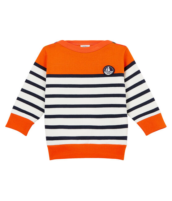 Baby boys' colourblock breton striped Sweatshirt CAROTTE orange/MARSHMALLOW white/SMOKING