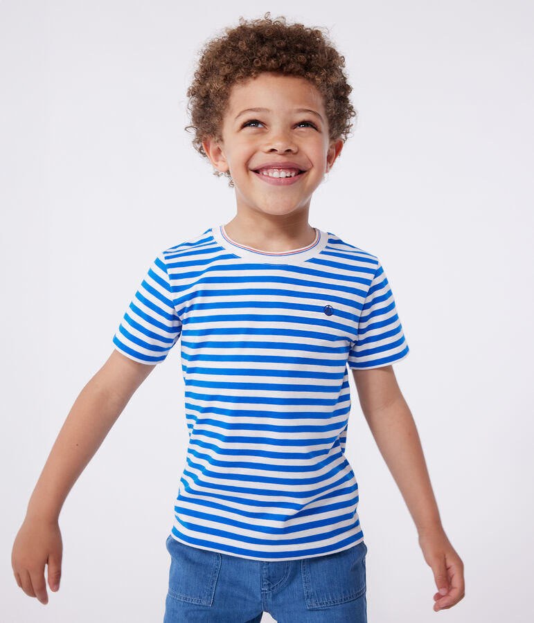 Children's short-sleeved stripy cotton T-shirt blue/white