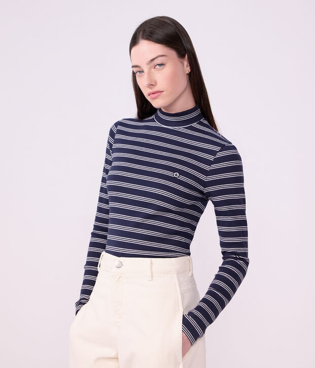 Women's stripy cotton rollneck top blue/white