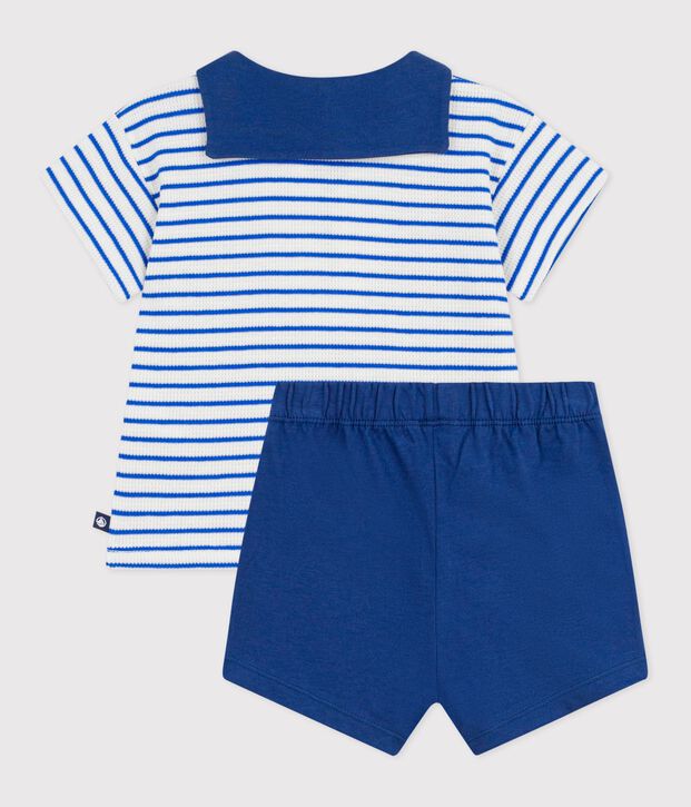 Babies' 2-piece cotton outfit, the T-shirt top has a sailor collar blue/blue