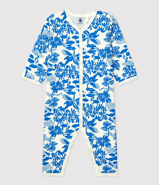 Babies' Footless Botanic Print Cotton Sleepsuit white/blue