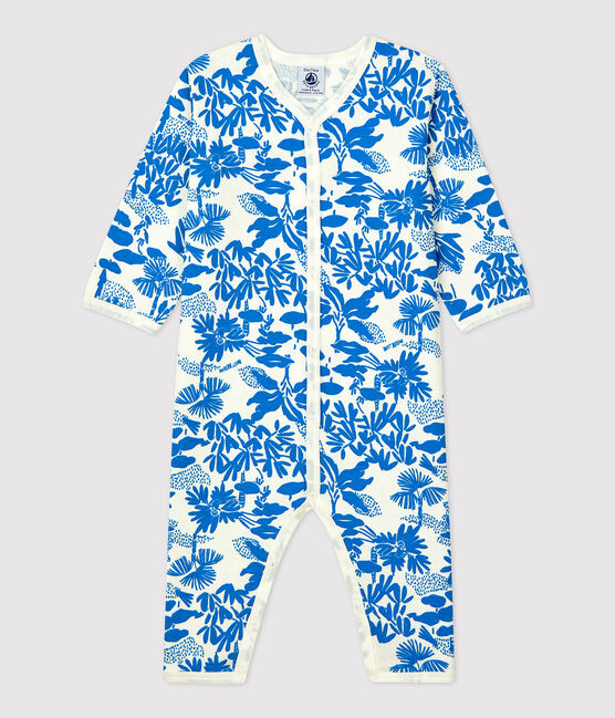 Babies' Footless Botanic Print Cotton Sleepsuit MARSHMALLOW white/BRASIER blue