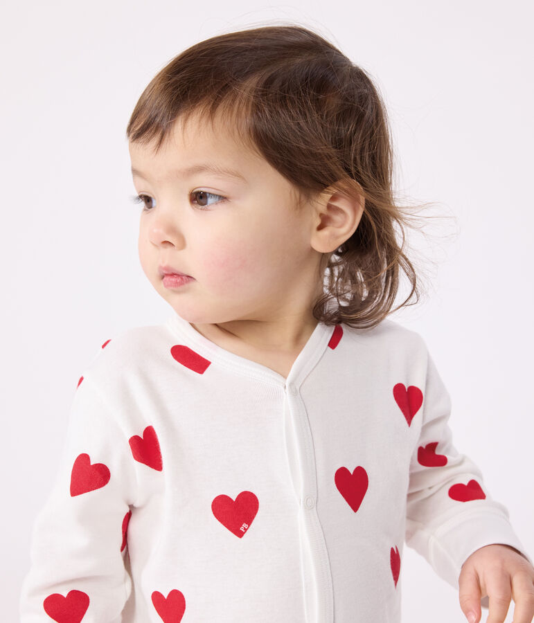 Babies' heart patterned footless cotton sleepsuit MARSHMALLOW white/TERKUIT red
