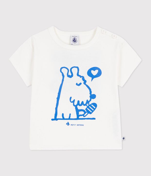 Babies' short-sleeved cotton T-shirt with a dog motif white