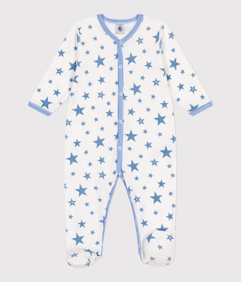 Babies' starry velour pyjamas MARSHMALLOW white/ALASKA blue