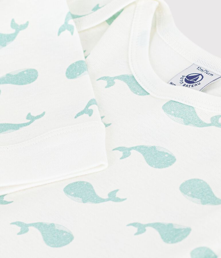 Babies' footless whale print cotton pyjamas MARSHMALLOW /SPRAY